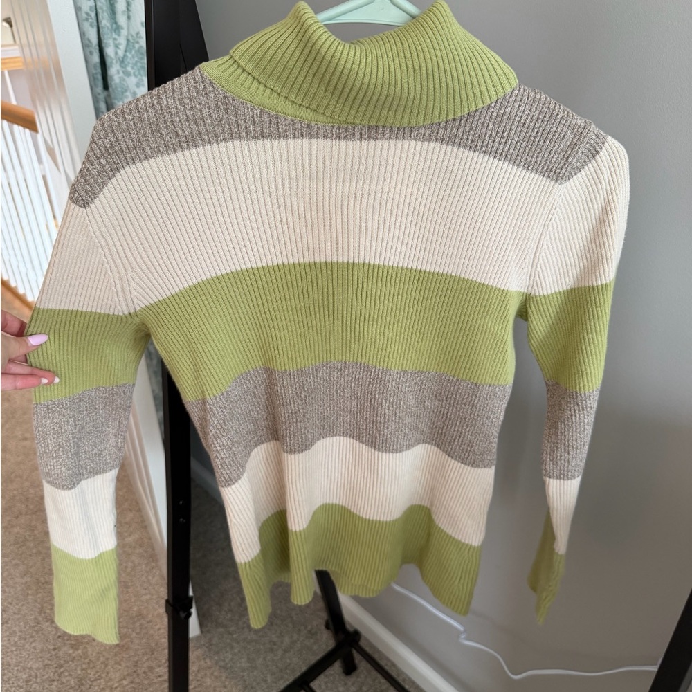 Striped Turtleneck Sweater - Green & Cream